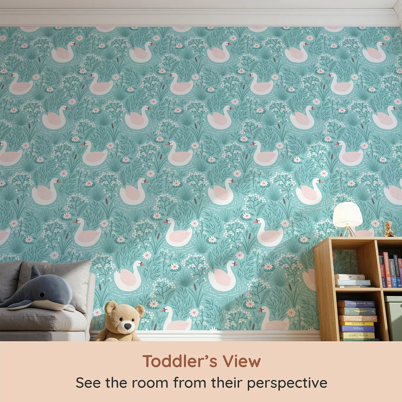 Whimsy Tots Elegant Swan Lake Wallpaper (W2356) from your child's view.Where graceful swans swim in a peaceful, floral pond.