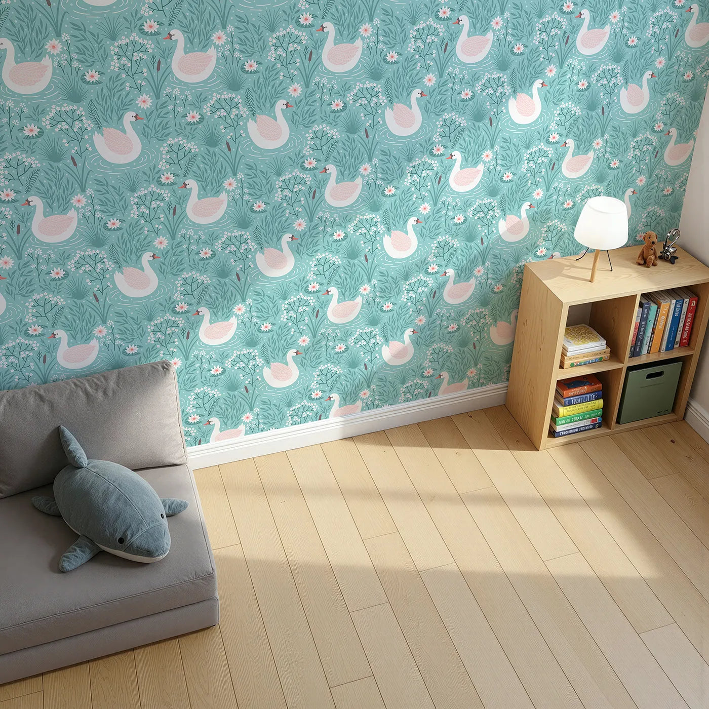 Top-Down view of Whimsy Tots' Elegant Swan Lake Wallpaper (W2356).Where graceful swans swim in a peaceful, floral pond.