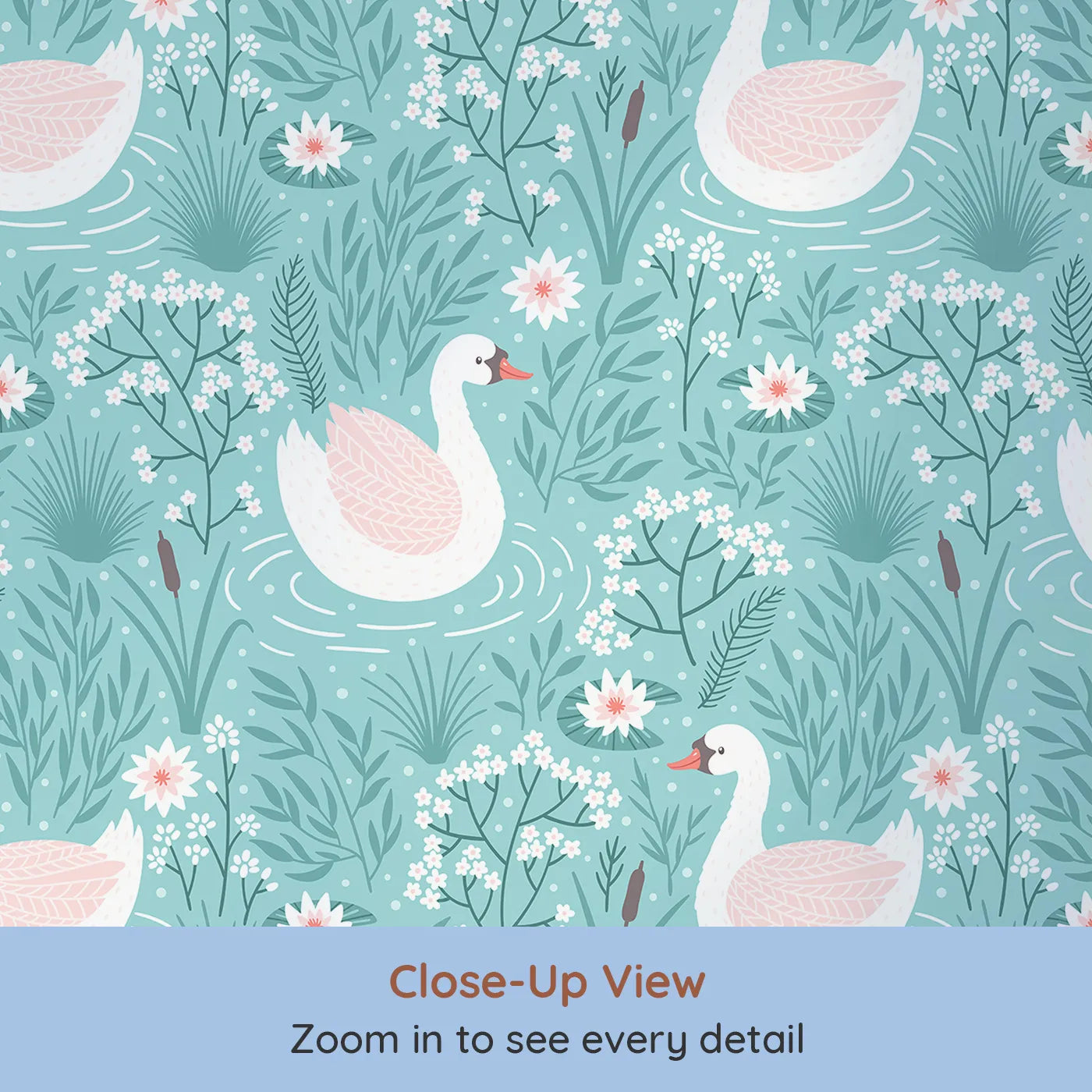 Close-up view of Whimsy Tots' Elegant Swan Lake Wallpaper (W2356).Where graceful swans swim in a peaceful, floral pond.