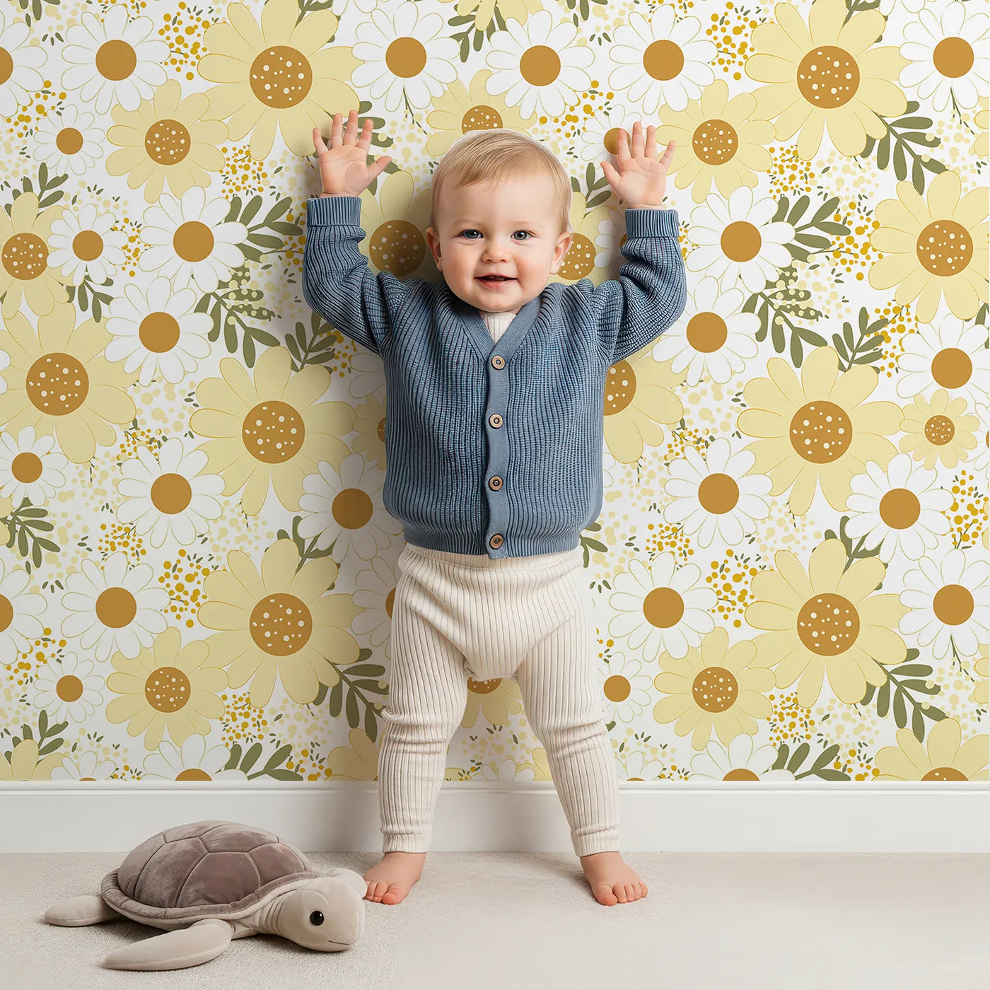 Lovely child standing in front of Whimsy Tots Golden Daisy Parade Wallpaper with daisy, flower, leaf, dot in design.