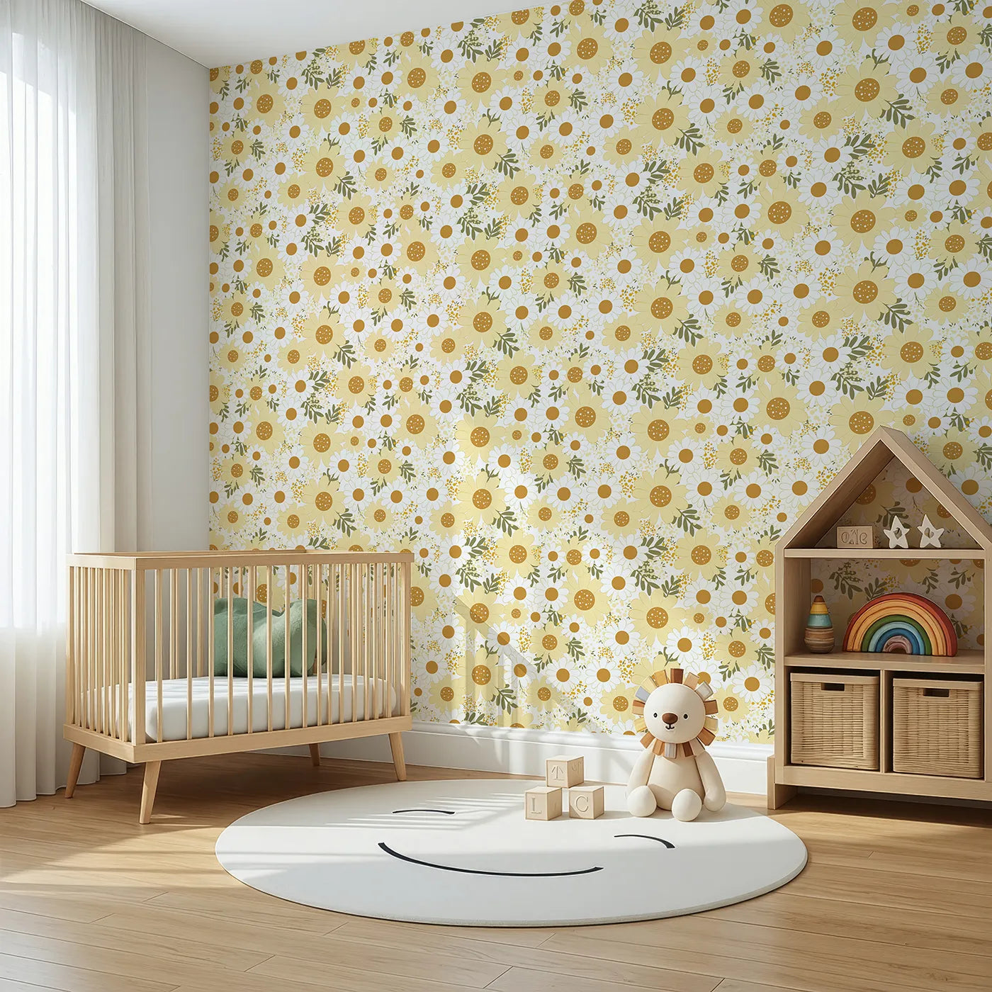Angled view of Whimsy Tots' Golden Daisy Parade Wallpaper (W3001).Sunshine-kissed daisies bring cheer and calm to every corner.