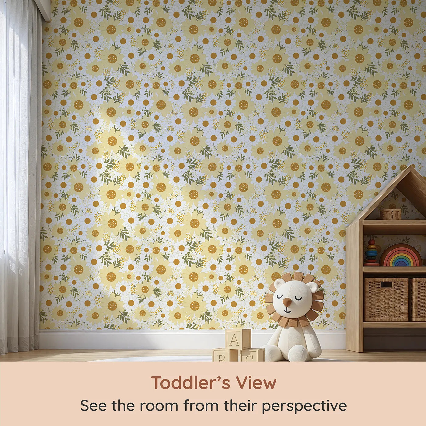 Whimsy Tots Golden Daisy Parade Wallpaper (W3001) from your child's view.Sunshine-kissed daisies bring cheer and calm to every corner.