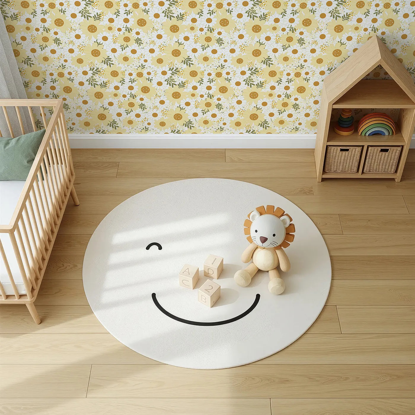Top-Down view of Whimsy Tots' Golden Daisy Parade Wallpaper (W3001).Sunshine-kissed daisies bring cheer and calm to every corner.