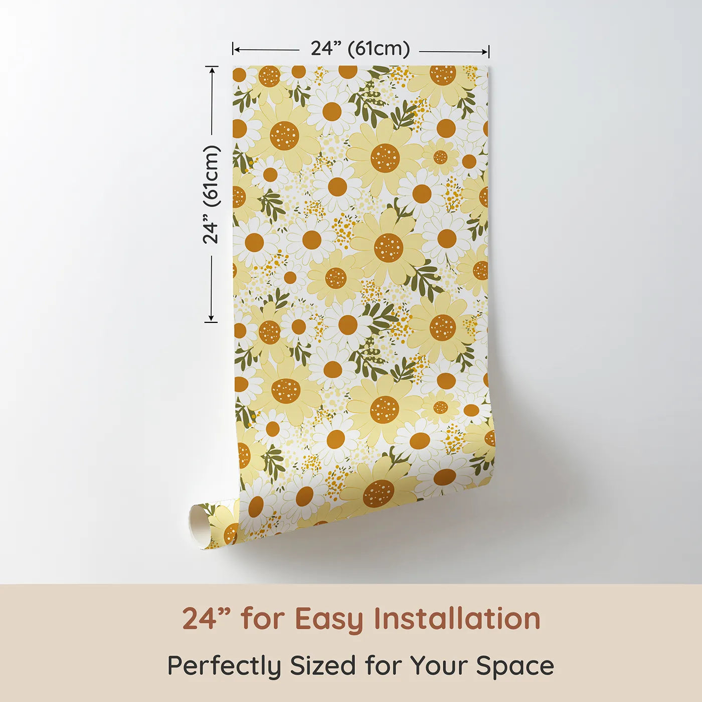 Dimension view of Whimsy Tots Golden Daisy Parade Wallpaper (W3001). Printed in 24-inch-wide panel for easy installation. Sunshine-kissed daisies bring cheer and calm to every corner.
