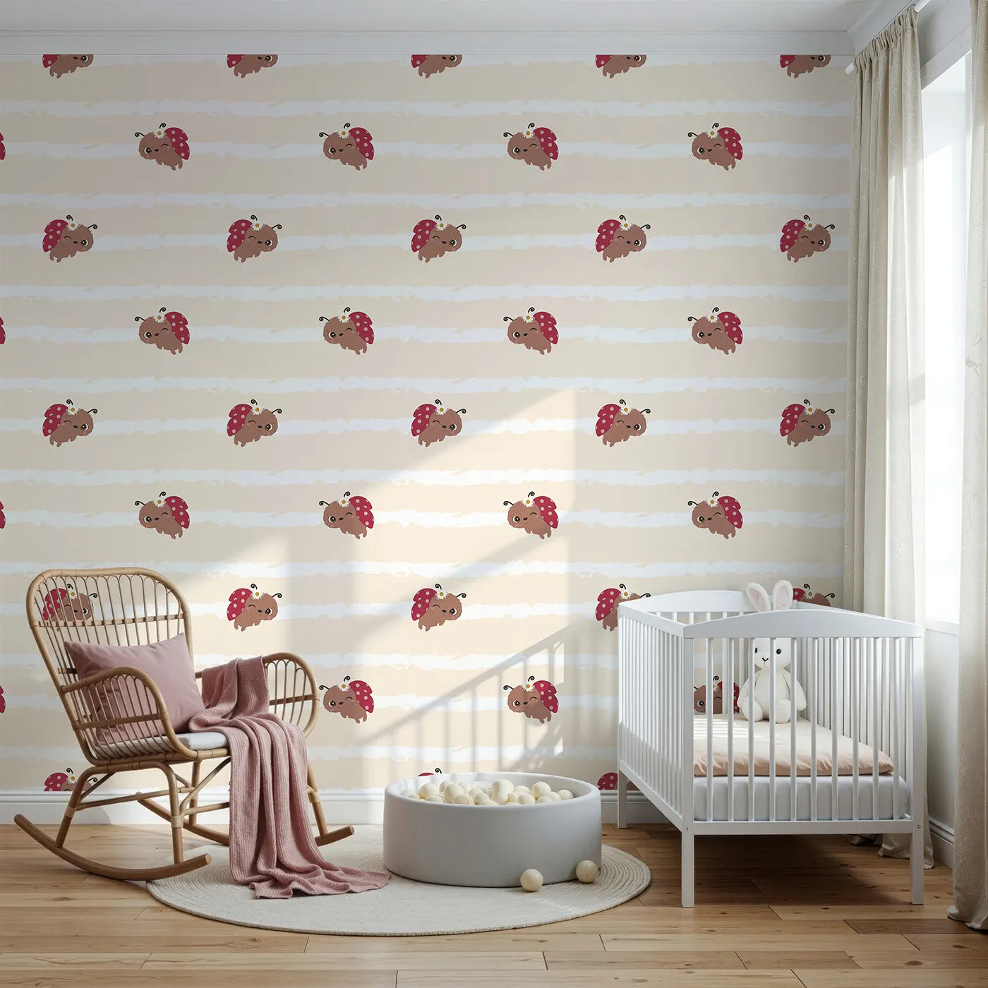 Front view of Whimsy Tots' Winkie the Ladybug Wallpaper in Beige