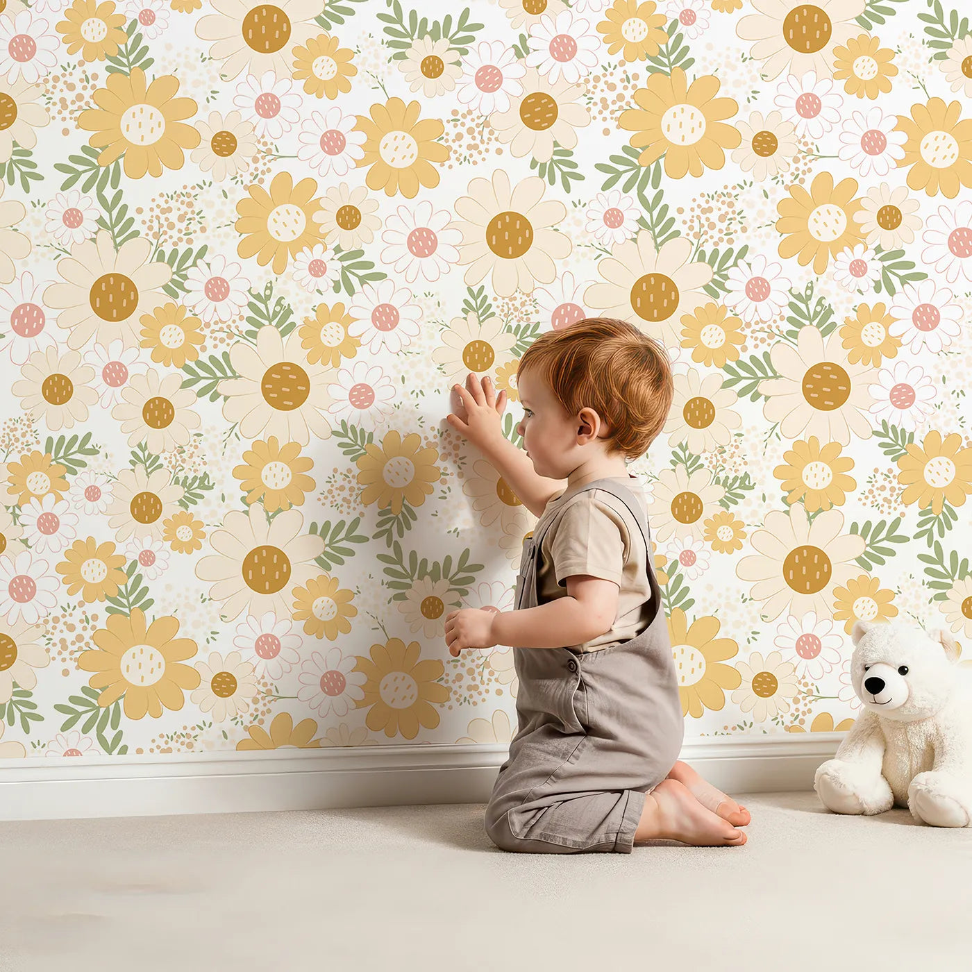 Lovely child standing in front of Whimsy Tots Sunbeam Meadow Wallpaper with flower, daisy, leaf, dot in design.