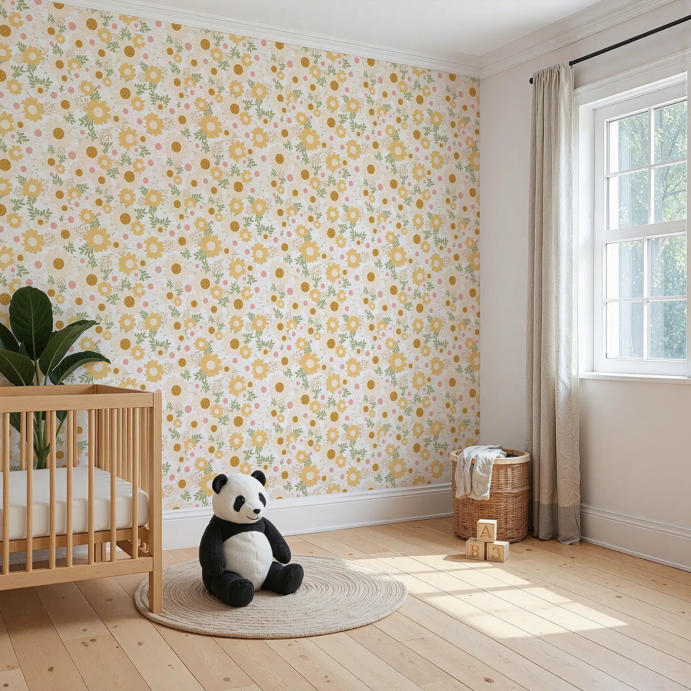 Angled view of Whimsy Tots' Sunbeam Meadow Wallpaper (W3003).Sunny blossoms and soft petals bring warmth and wonder.