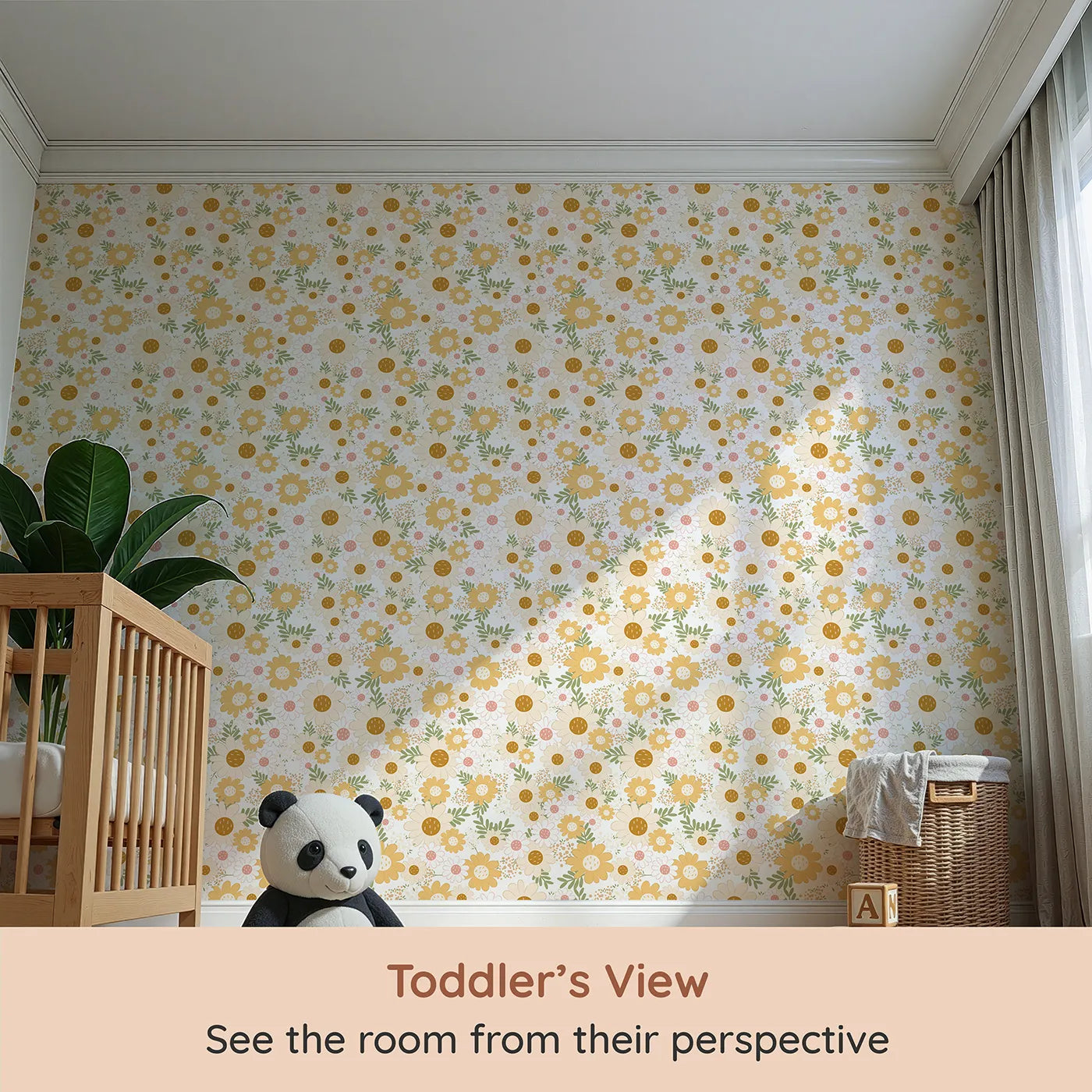 Whimsy Tots Sunbeam Meadow Wallpaper (W3003) from your child's view.Sunny blossoms and soft petals bring warmth and wonder.