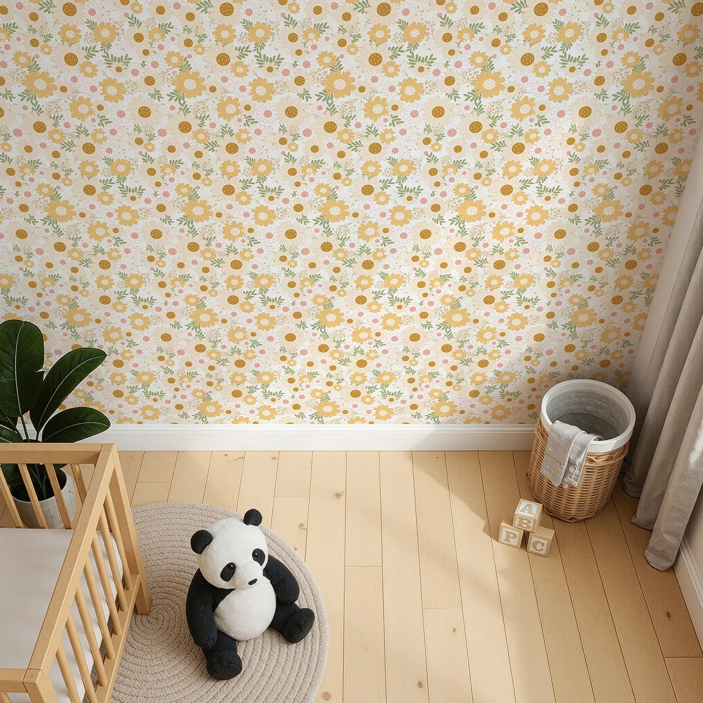 Top-Down view of Whimsy Tots' Sunbeam Meadow Wallpaper (W3003).Sunny blossoms and soft petals bring warmth and wonder.