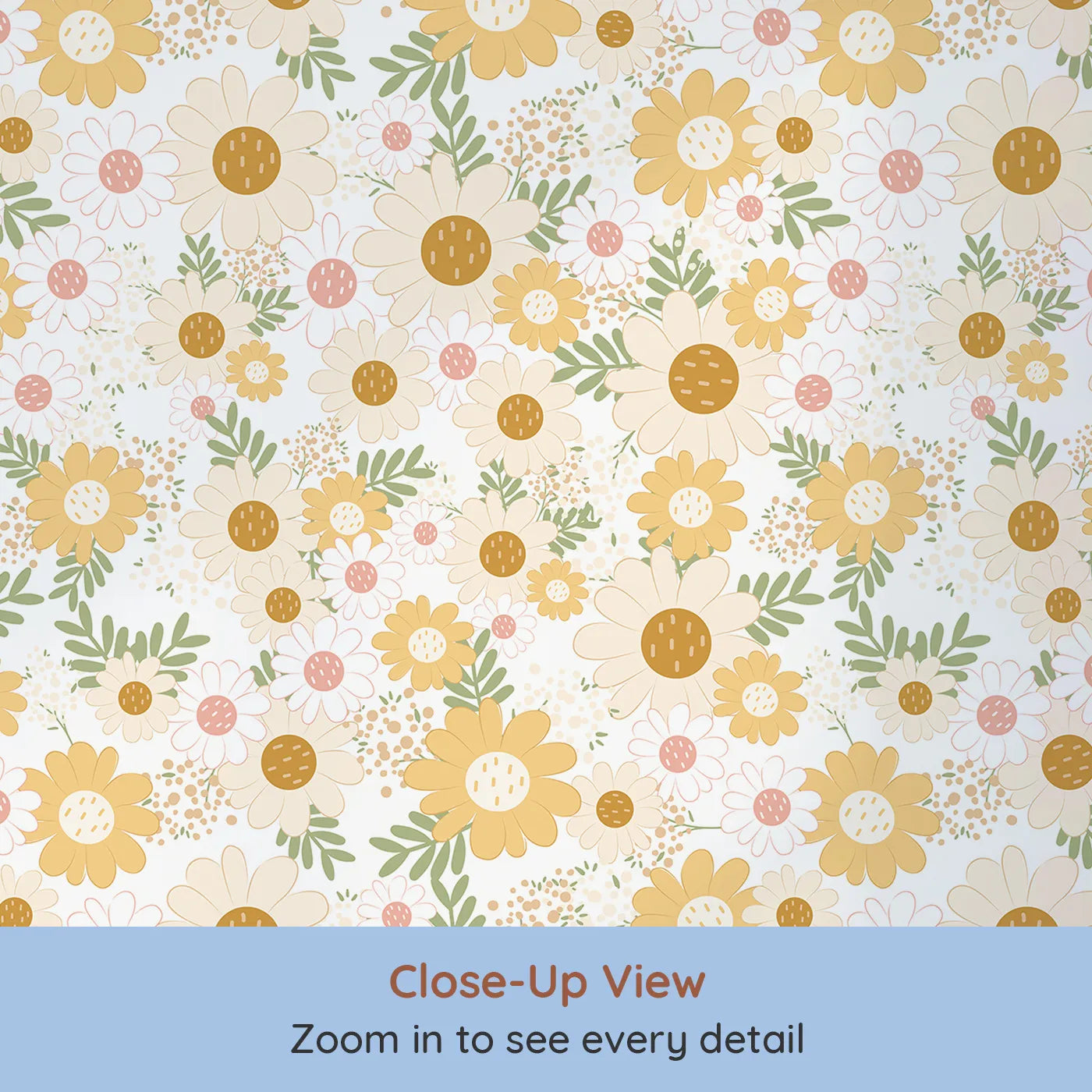 Close-up view of Whimsy Tots' Sunbeam Meadow Wallpaper (W3003).Sunny blossoms and soft petals bring warmth and wonder.