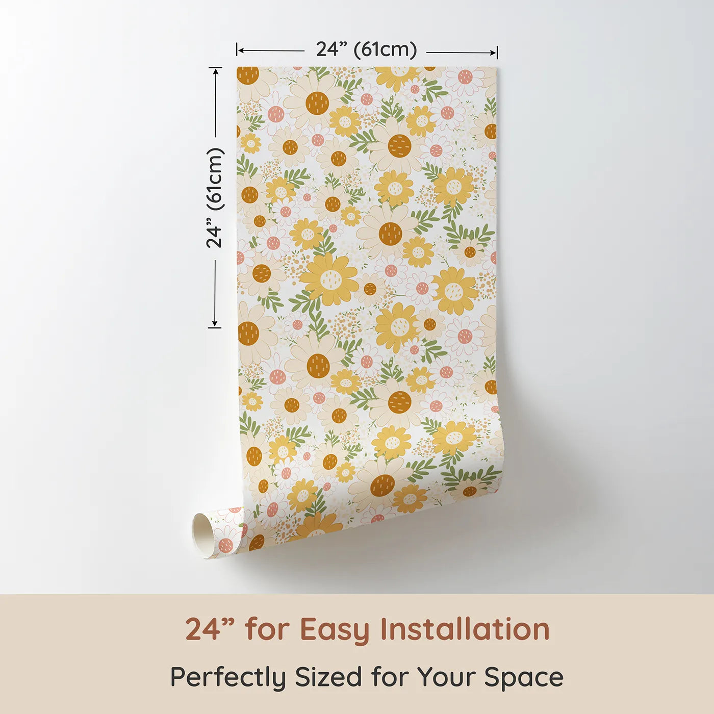 Dimension view of Whimsy Tots Sunbeam Meadow Wallpaper (W3003). Printed in 24-inch-wide panel for easy installation. Sunny blossoms and soft petals bring warmth and wonder.