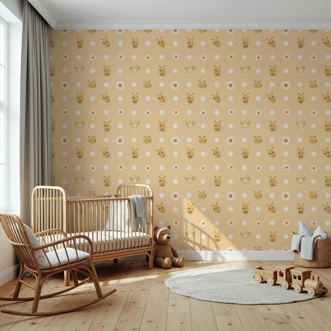 Front view of Whimsy Tots' Buzzberry Bee Parade Wallpaper in Yellow