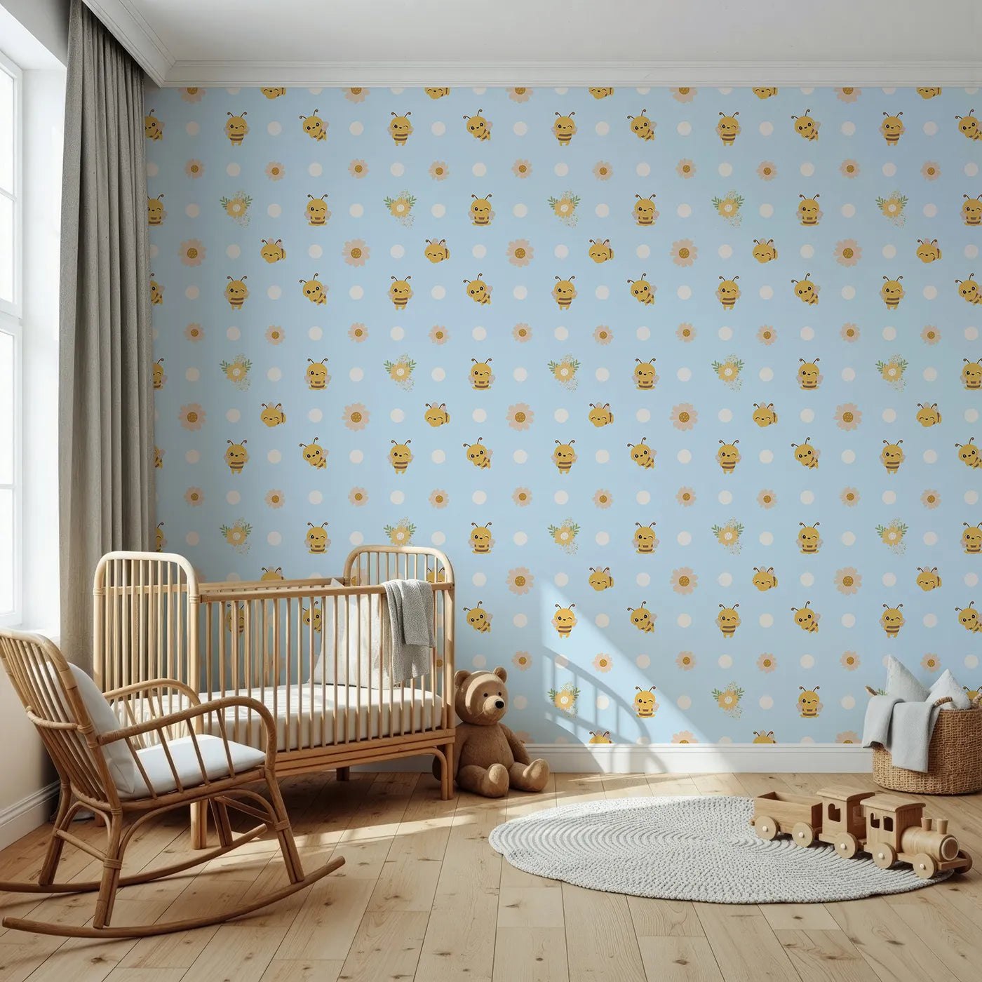 Front view of Whimsy Tots' Buzzberry Bee Parade Wallpaper in Blue