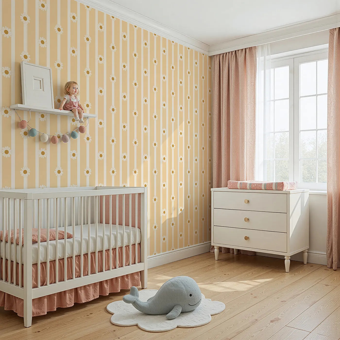 Angled view of Whimsy Tots' Daisy Lane Stripe Wallpaper in Yellow (W3005A).Bright daisies dance along buttery soft stripes.
