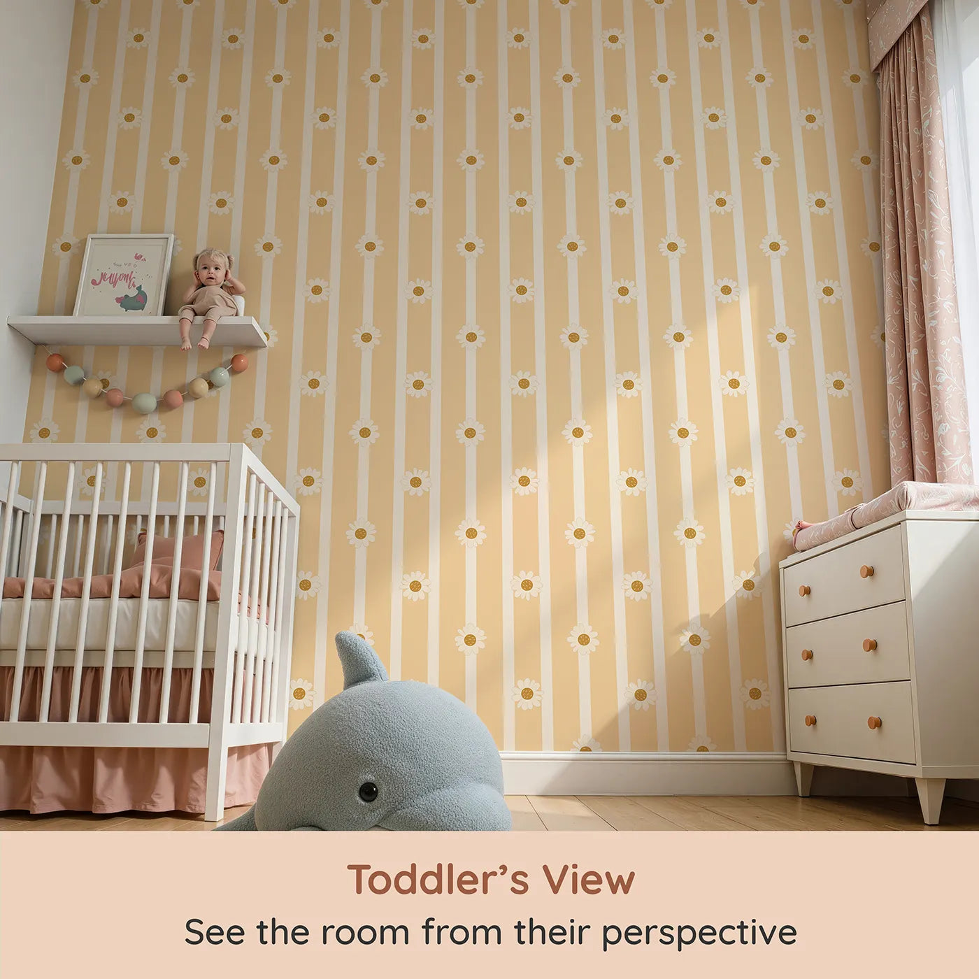 Whimsy Tots Daisy Lane Stripe Wallpaper in Yellow (W3005A) from your child's view.Bright daisies dance along buttery soft stripes.
