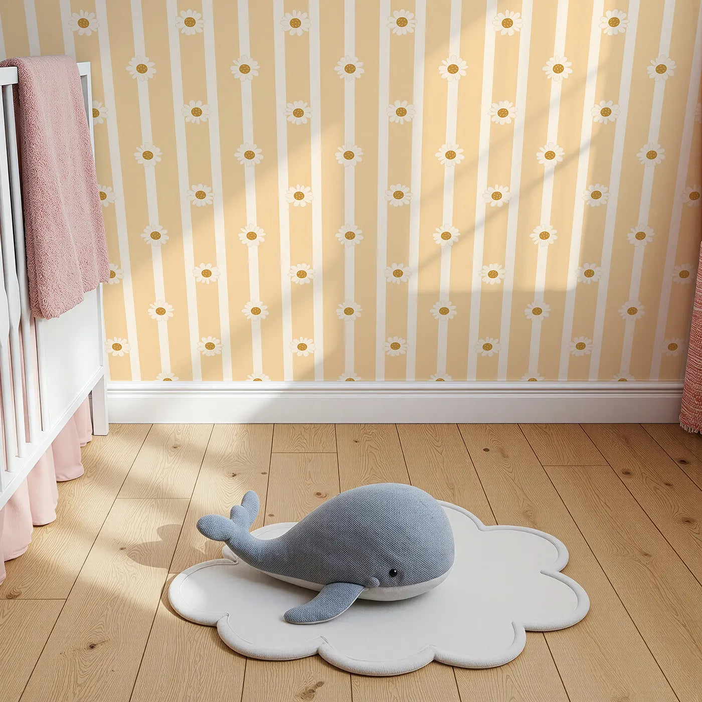 Top-Down view of Whimsy Tots' Daisy Lane Stripe Wallpaper in Yellow (W3005A).Bright daisies dance along buttery soft stripes.