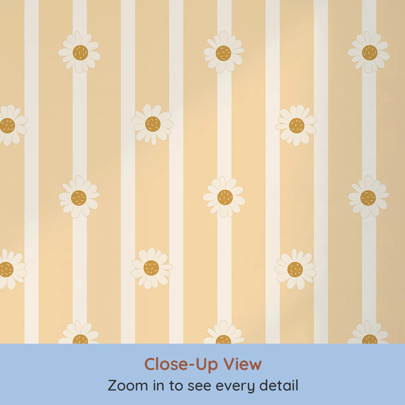 Close-up view of Whimsy Tots' Daisy Lane Stripe Wallpaper in Yellow (W3005A).Bright daisies dance along buttery soft stripes.