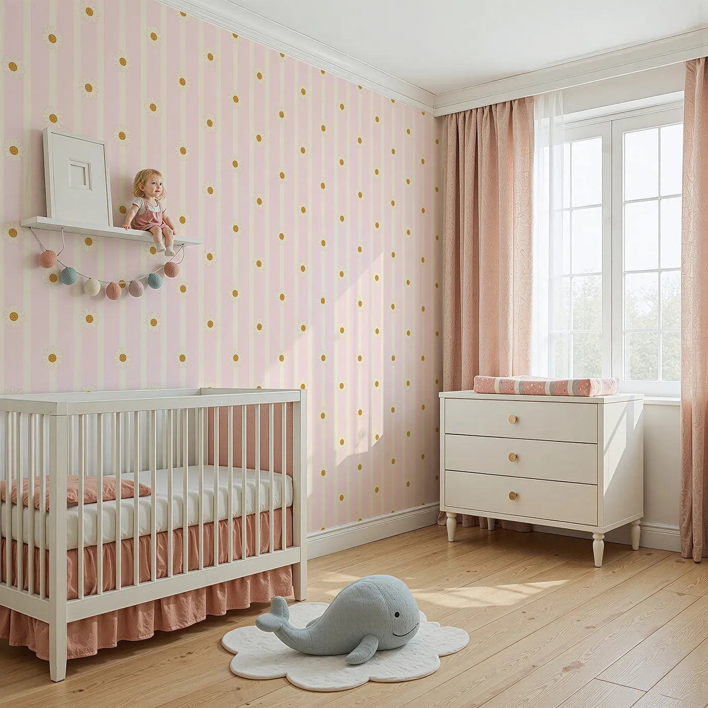 Angled view of Whimsy Tots' Daisy Lane Stripe Wallpaper in Pink (W3005B).Soft daisies line up across gentle pastel stripes.