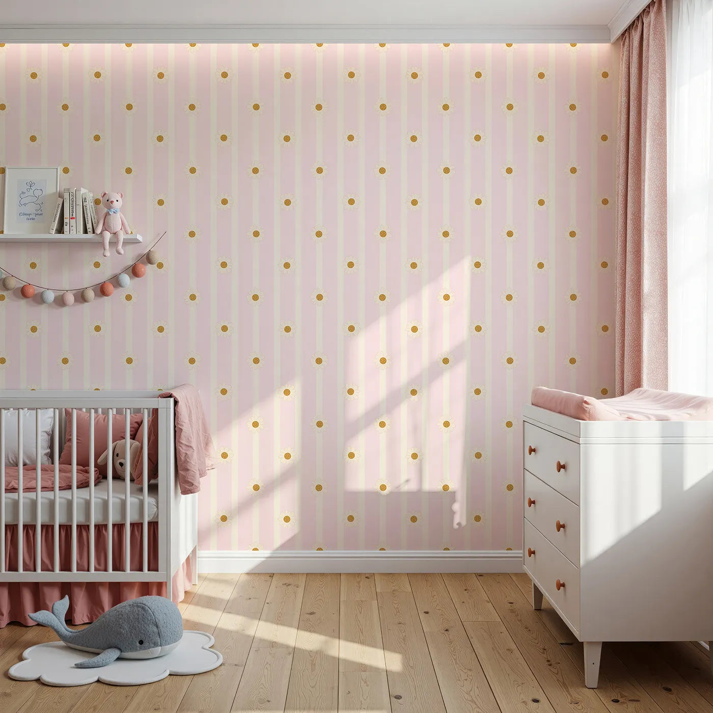 Front view of Whimsy Tots' Daisy Lane Stripe Wallpaper in Pink
