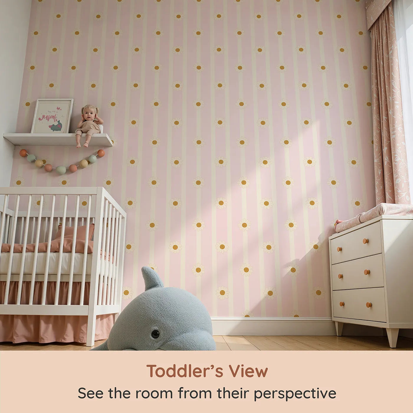 Whimsy Tots Daisy Lane Stripe Wallpaper in Pink (W3005B) from your child's view.Soft daisies line up across gentle pastel stripes.