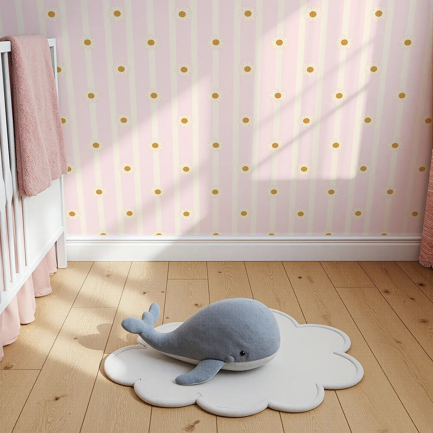 Top-Down view of Whimsy Tots' Daisy Lane Stripe Wallpaper in Pink (W3005B).Soft daisies line up across gentle pastel stripes.