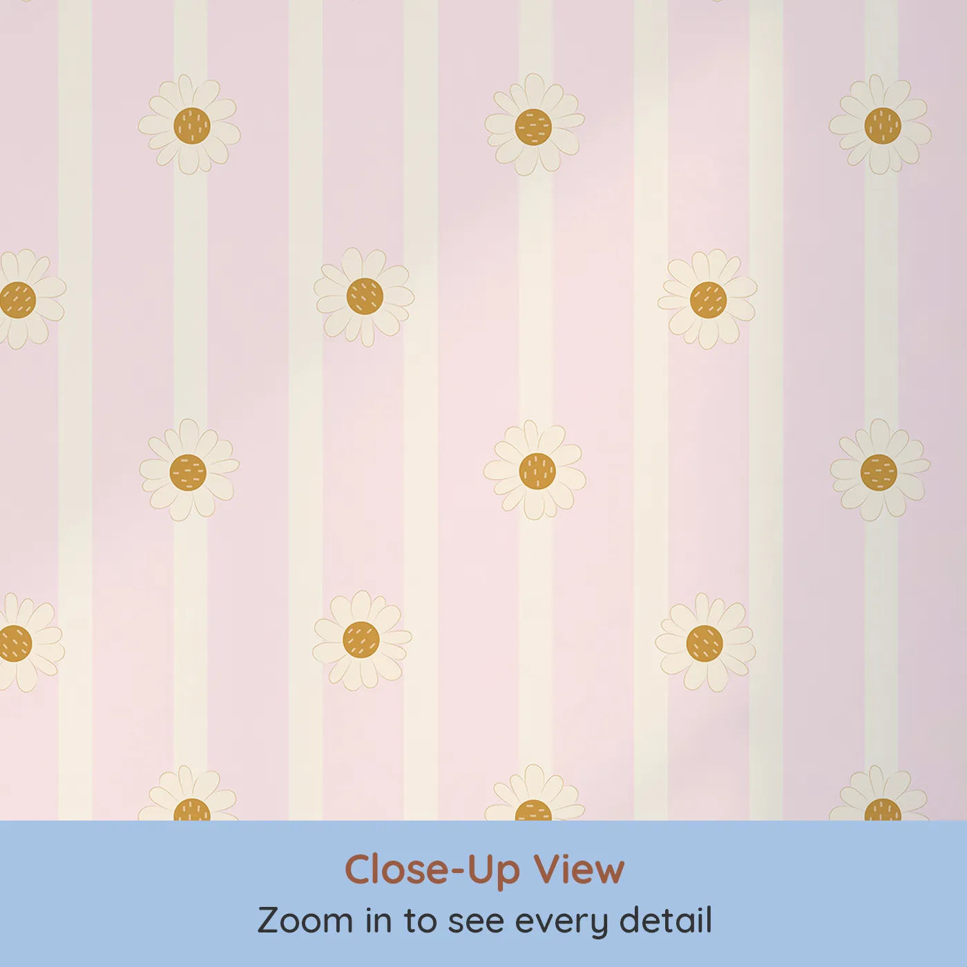Close-up view of Whimsy Tots' Daisy Lane Stripe Wallpaper in Pink (W3005B).Soft daisies line up across gentle pastel stripes.
