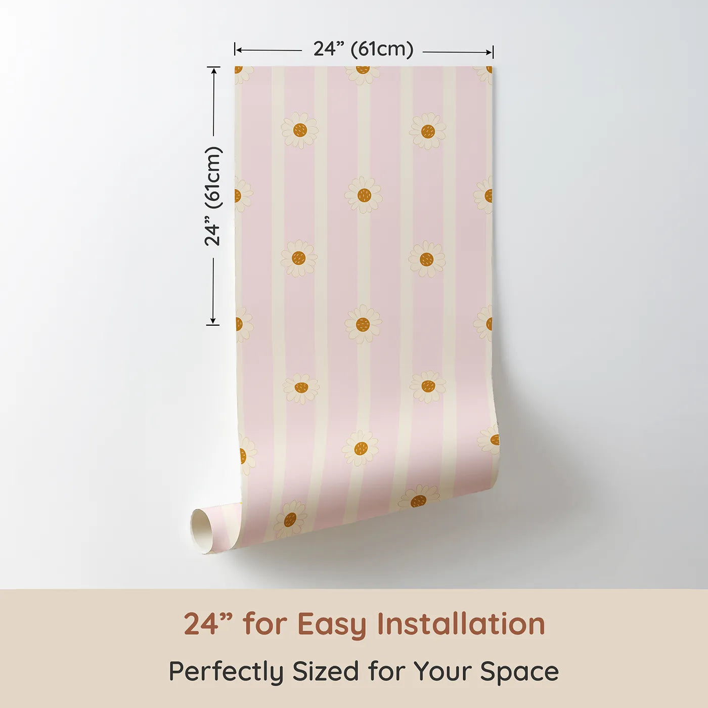 Dimension view of Whimsy Tots Daisy Lane Stripe Wallpaper in Pink (W3005B). Printed in 24-inch-wide panel for easy installation. Soft daisies line up across gentle pastel stripes.