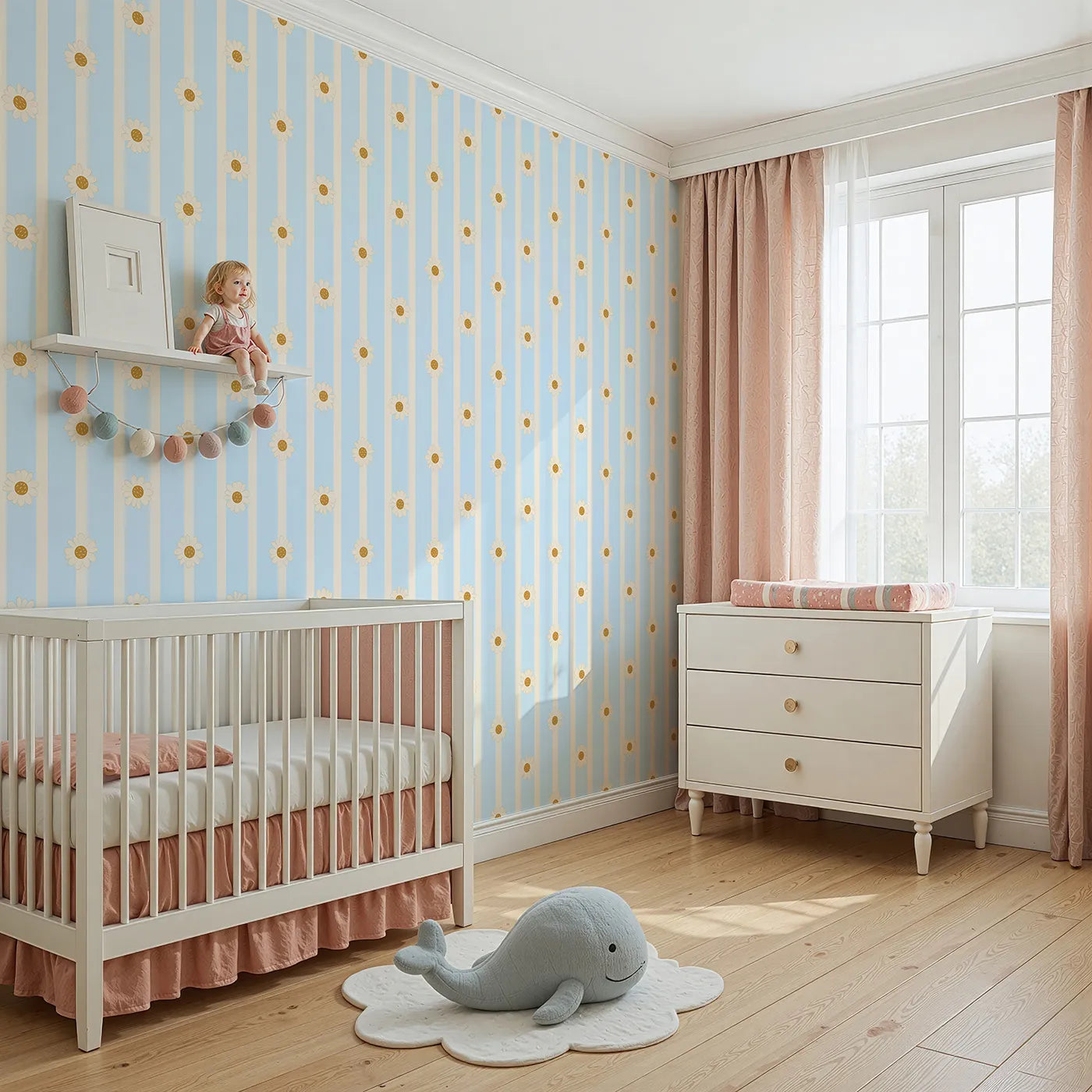 Angled view of Whimsy Tots' Daisy Lane Stripe Wallpaper in Blue (W3005D).Bright daisies dance along buttery soft stripes.