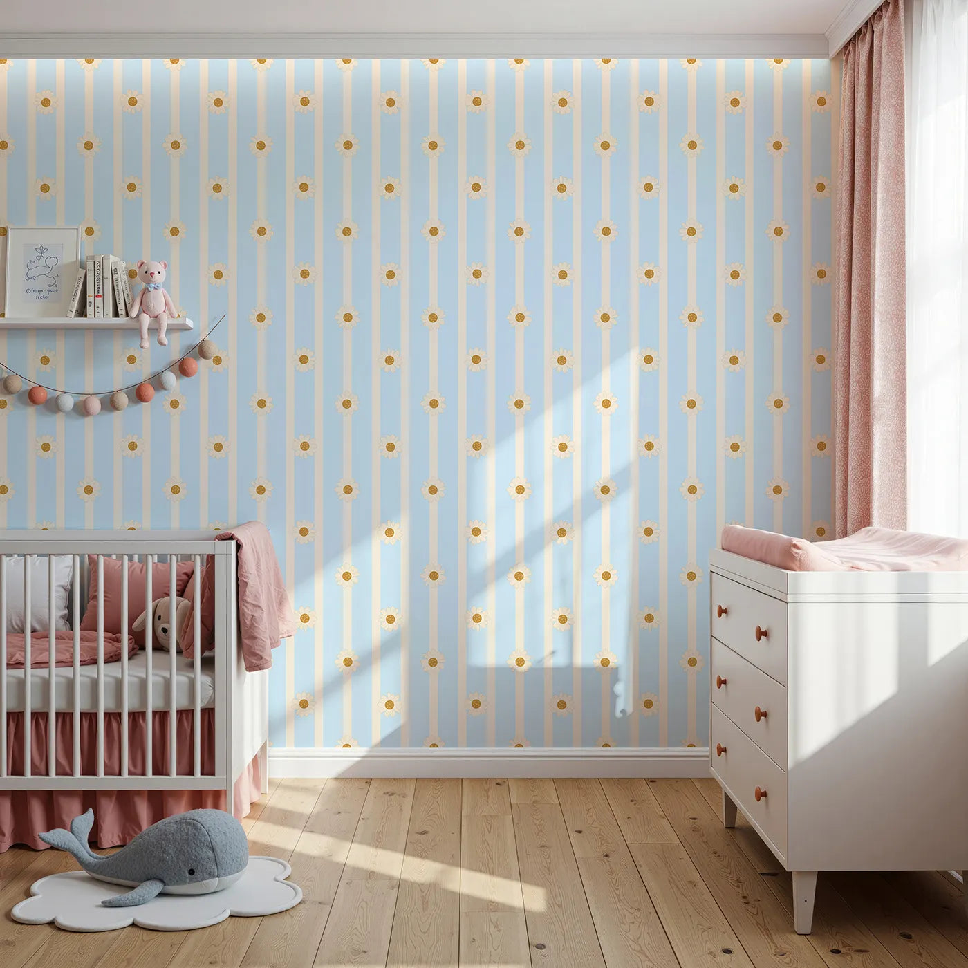 Front view of Whimsy Tots' Daisy Lane Stripe Wallpaper in Blue