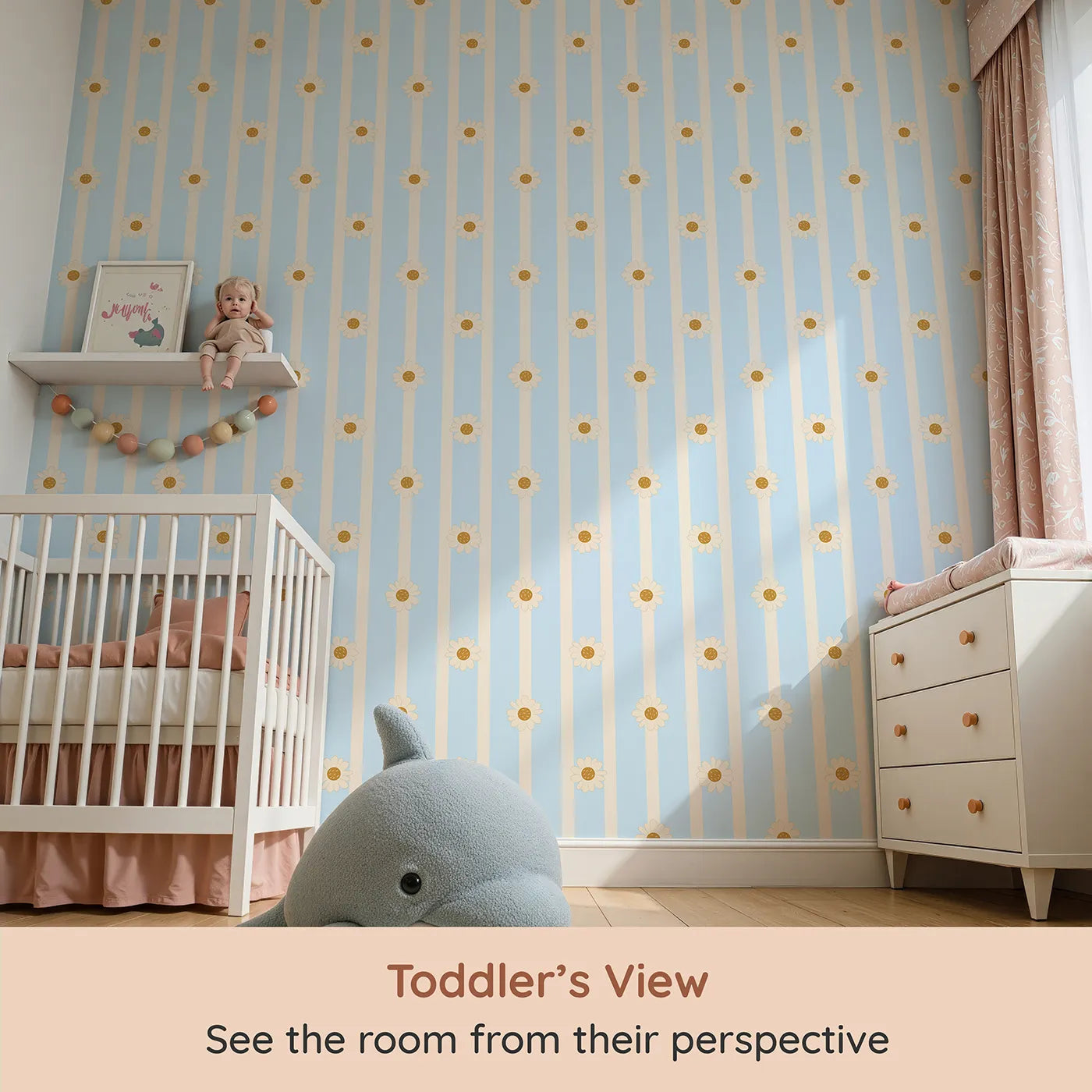 Whimsy Tots Daisy Lane Stripe Wallpaper in Blue (W3005D) from your child's view.Bright daisies dance along buttery soft stripes.