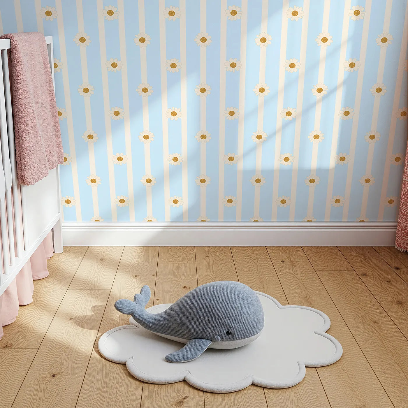 Top-Down view of Whimsy Tots' Daisy Lane Stripe Wallpaper in Blue (W3005D).Bright daisies dance along buttery soft stripes.