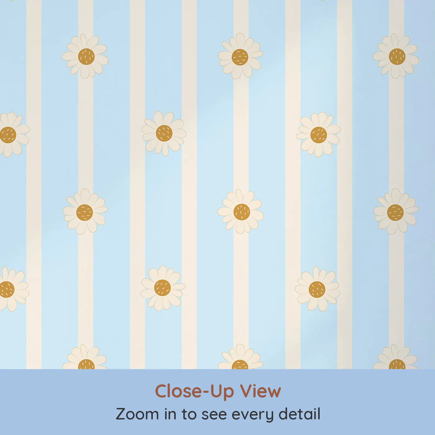 Close-up view of Whimsy Tots' Daisy Lane Stripe Wallpaper in Blue (W3005D).Bright daisies dance along buttery soft stripes.