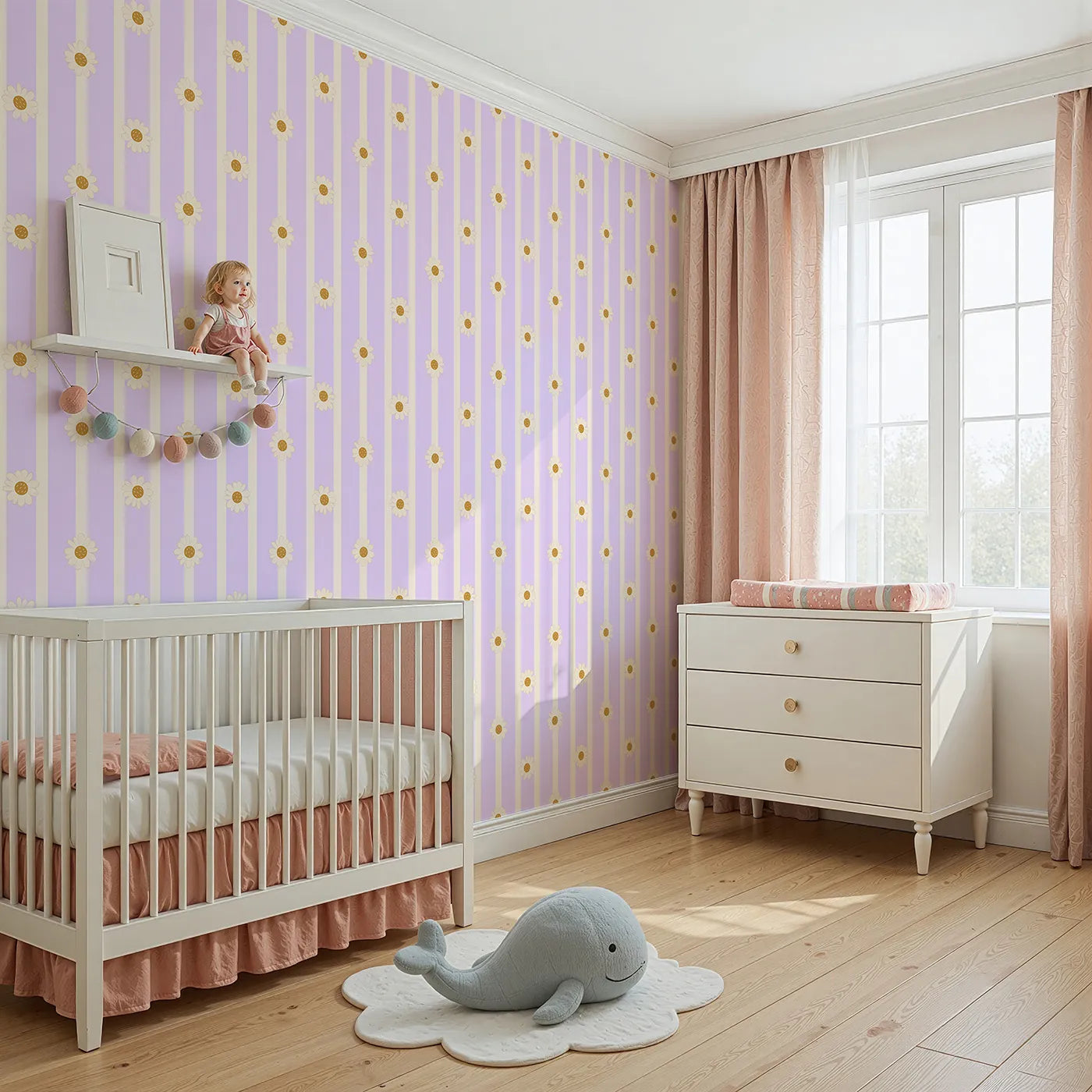 Angled view of Whimsy Tots' Daisy Lane Stripe Wallpaper in Purple (W3005E).Soft daisies line up across gentle pastel stripes.