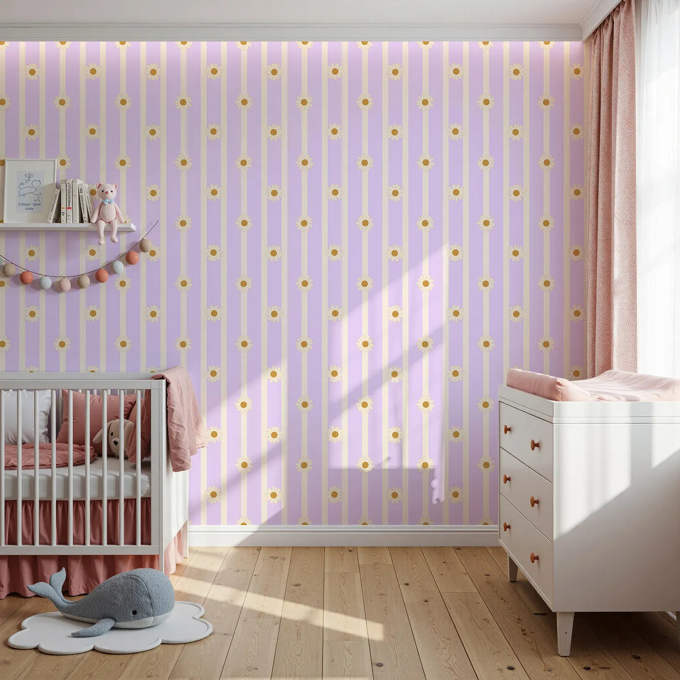 Front view of Whimsy Tots' Daisy Lane Stripe Wallpaper in Purple