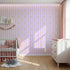 Front view of Whimsy Tots' Daisy Lane Stripe Wallpaper in Purple