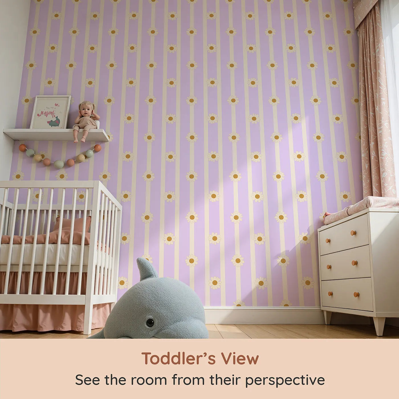 Whimsy Tots Daisy Lane Stripe Wallpaper in Purple (W3005E) from your child's view.Soft daisies line up across gentle pastel stripes.