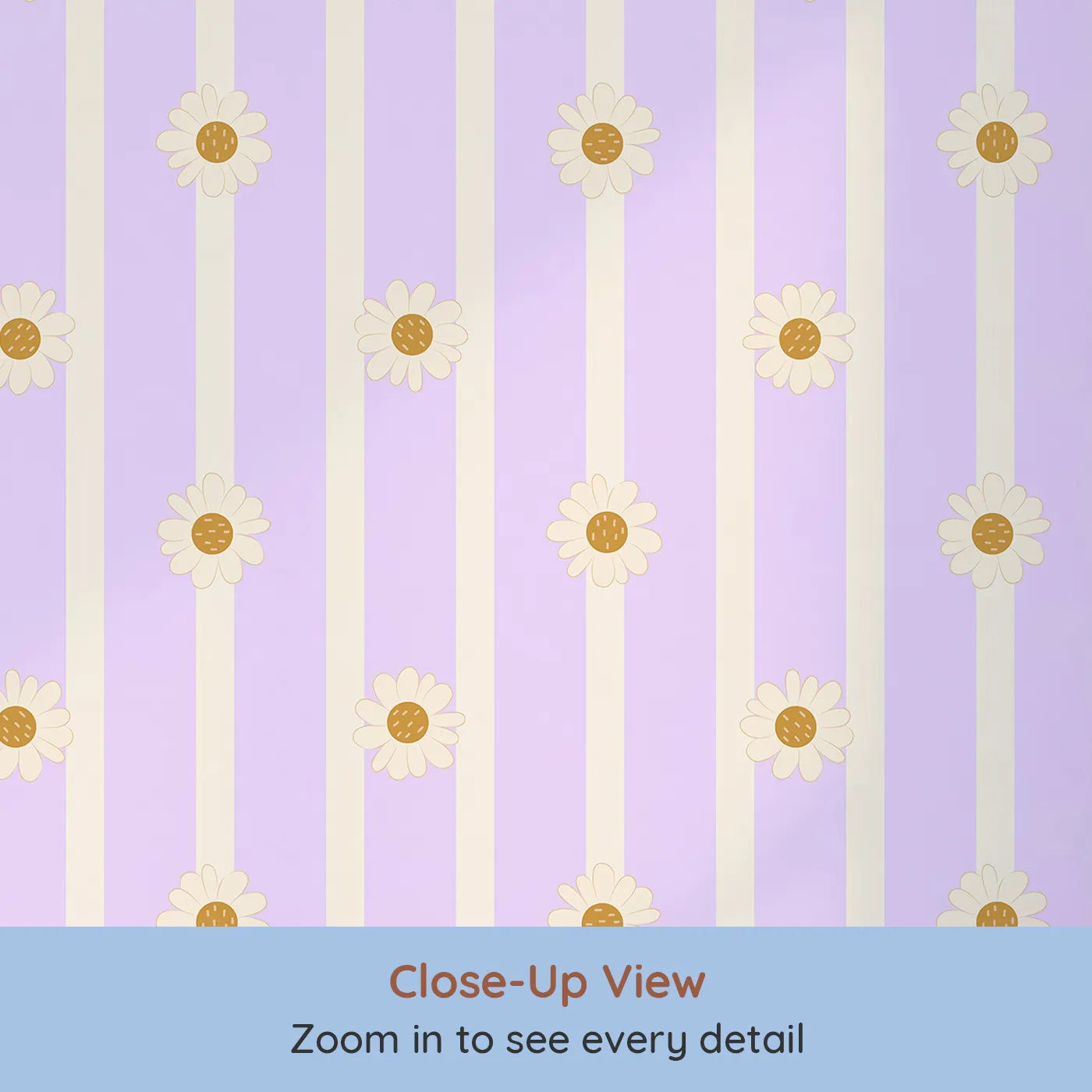 Close-up view of Whimsy Tots' Daisy Lane Stripe Wallpaper in Purple (W3005E).Soft daisies line up across gentle pastel stripes.
