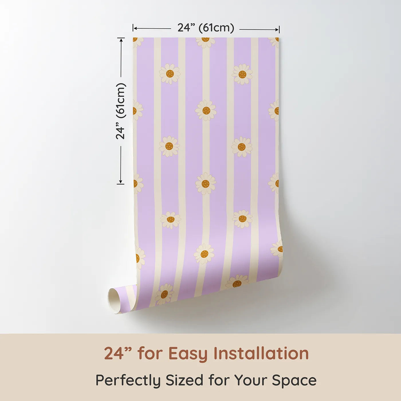Dimension view of Whimsy Tots Daisy Lane Stripe Wallpaper in Purple (W3005E). Printed in 24-inch-wide panel for easy installation. Soft daisies line up across gentle pastel stripes.