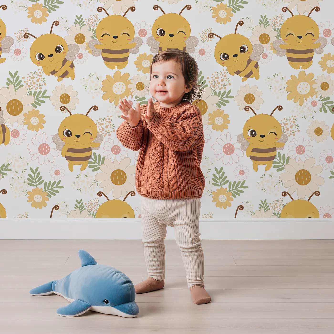 Lovely child standing in front of Whimsy Tots Bee Garden Blooms Wallpaper in Yellow with bee, flower, daisy, leaf in design.