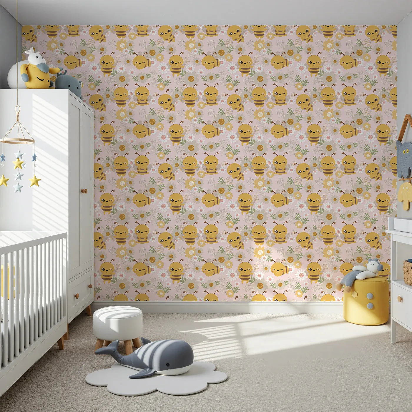Front view of Whimsy Tots' Bee Garden Blooms Wallpaper in Pink