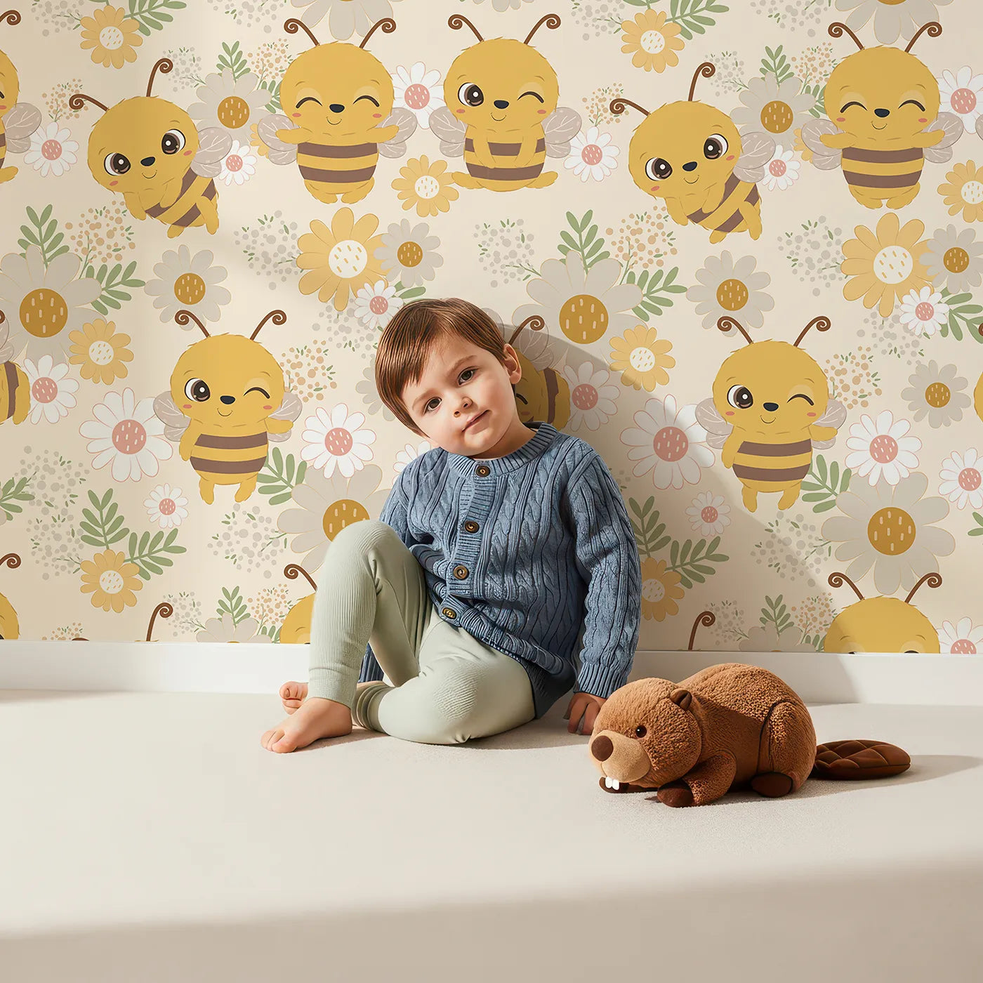 Lovely child standing in front of Whimsy Tots Bee Garden Blooms Wallpaper in Beige with bee, flower, daisy, leaf in design.