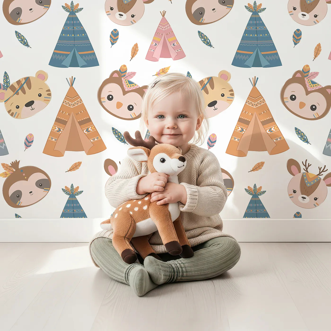 Lovely child standing in front of Whimsy Tots Tribal Pals Wallpaper in White with owl, sloth, deer, tiger, tent, feather in design.