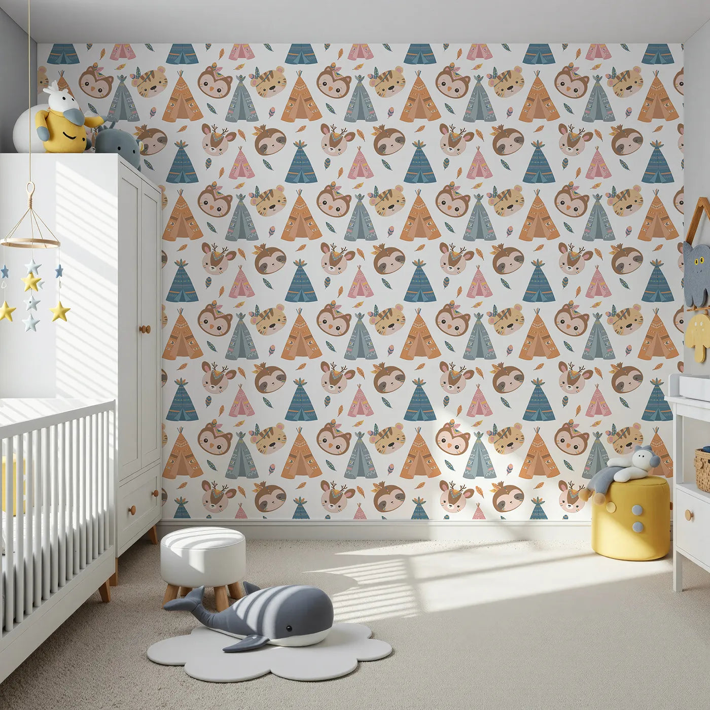 Front view of Whimsy Tots' Tribal Pals Wallpaper in White