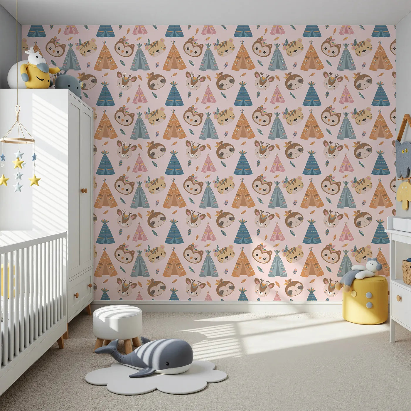 Front view of Whimsy Tots' Tribal Pals Wallpaper in Pink