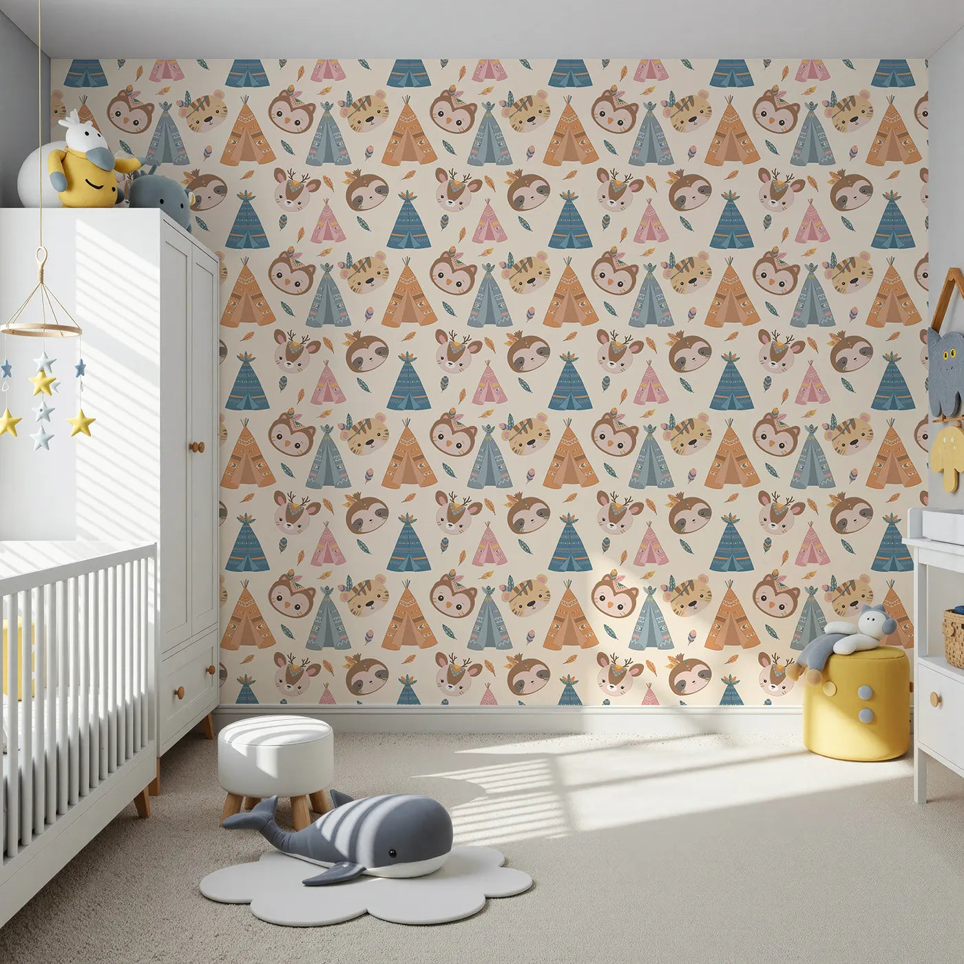 Front view of Whimsy Tots' Tribal Pals Wallpaper in Cream