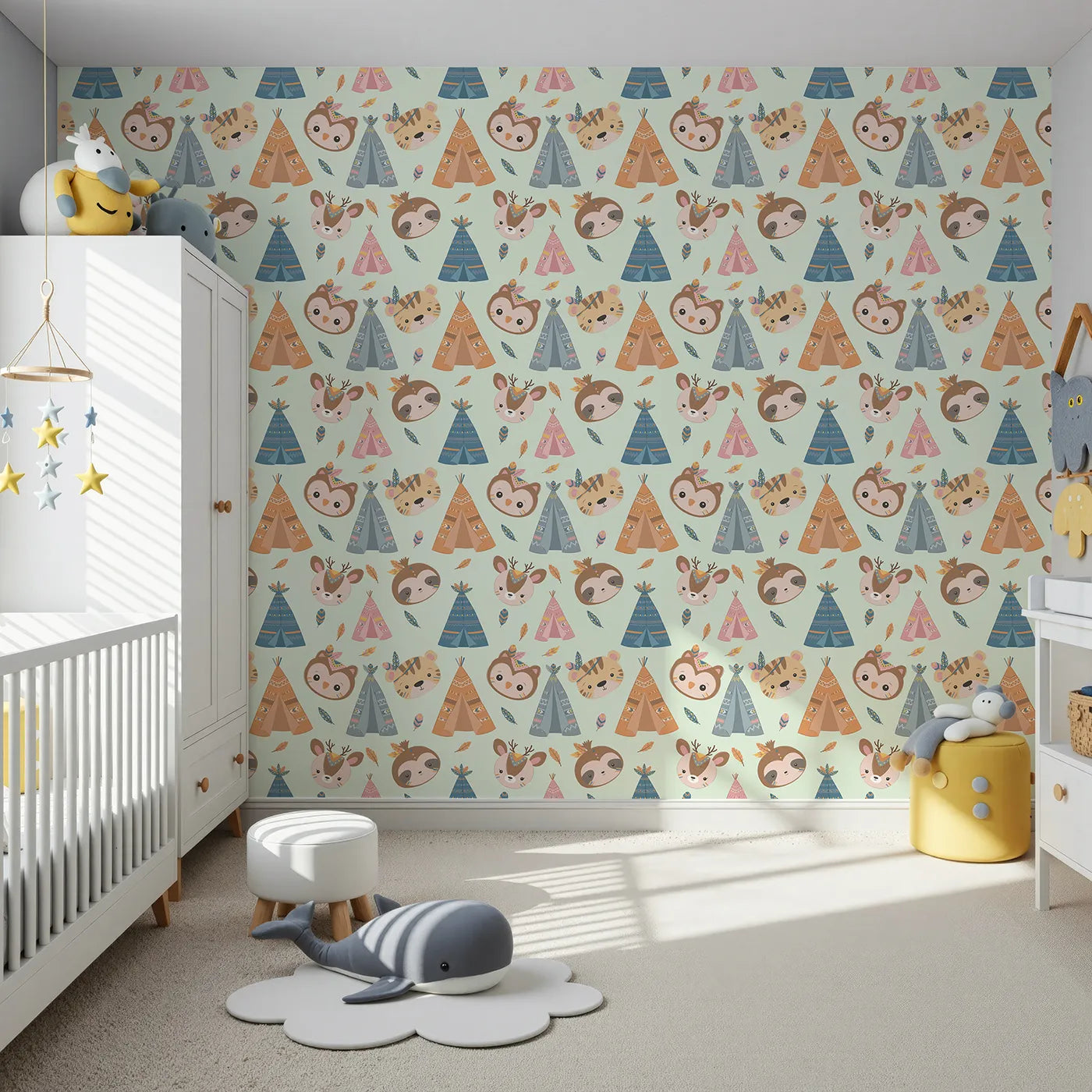 Front view of Whimsy Tots' Tribal Pals Wallpaper in Mint Green