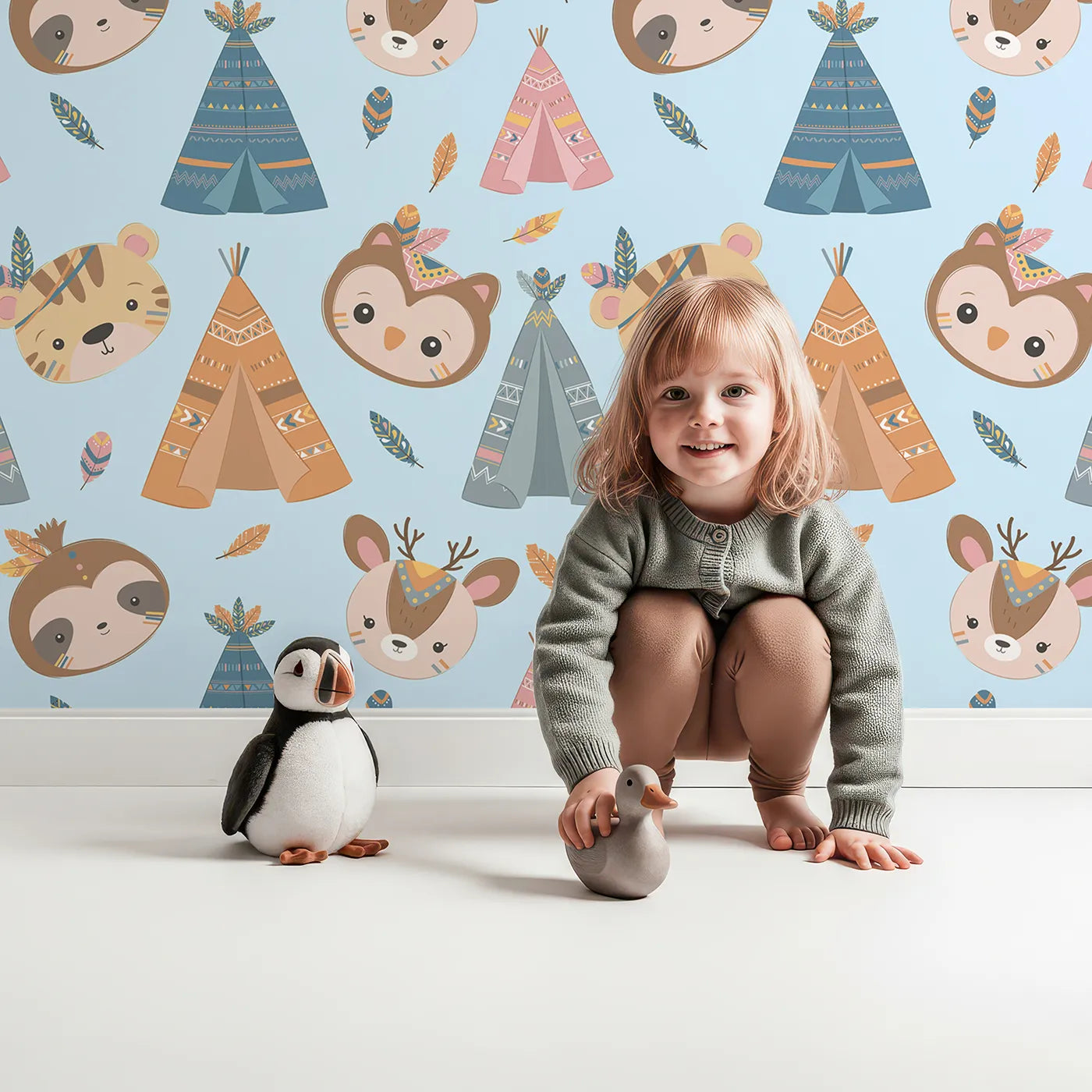 Lovely child standing in front of Whimsy Tots Tribal Pals Wallpaper in Blue with owl, sloth, deer, tiger, tent, feather in design.