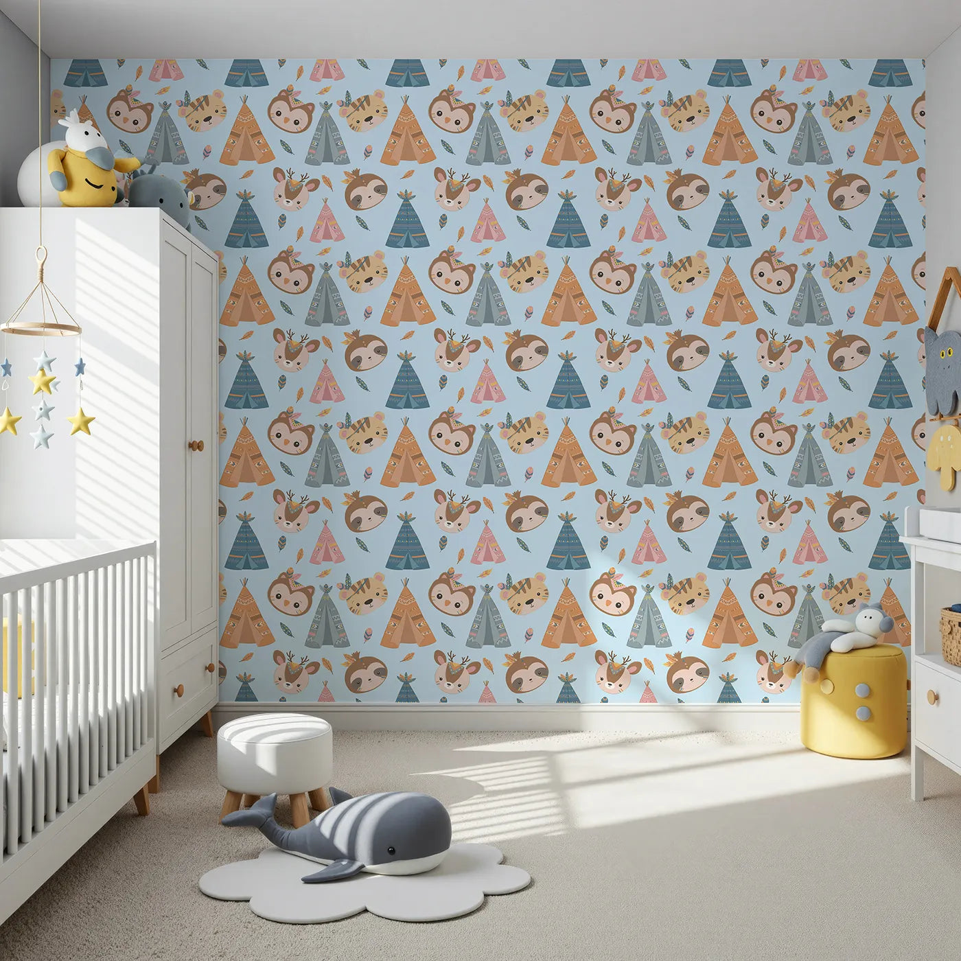 Front view of Whimsy Tots' Tribal Pals Wallpaper in Blue