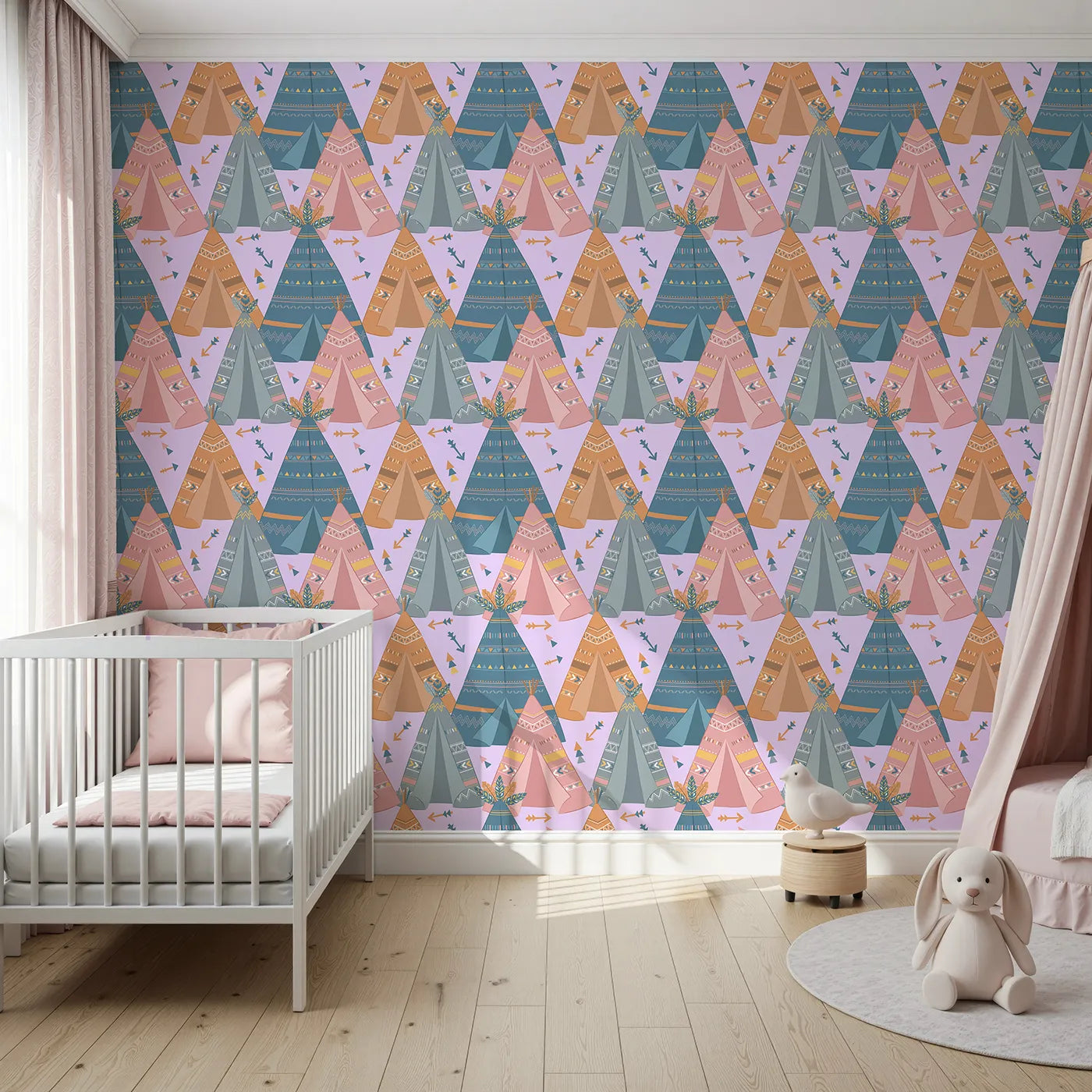 Front view of Whimsy Tots' Teepee Parade Wallpaper in Purple