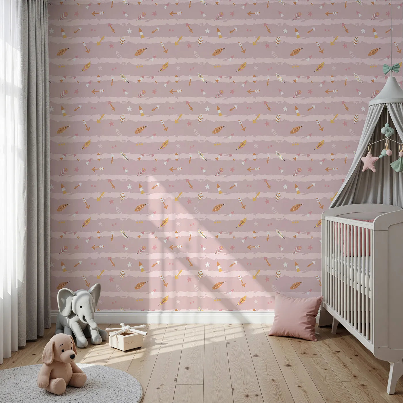 Front view of Whimsy Tots' Tribal Sky Dance Wallpaper in Pink